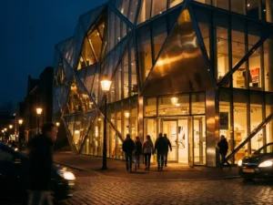 Futuristisch verlicht designmuseum in Eindhoven bij schemering, met hoekige architectuur en bezoekers bij de ingang onder een diepblauwe lucht.