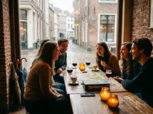 Vrienden lachen samen in gezellig café in Eindhoven, regendruppels op grote ramen, bordspellen en drankjes op houten tafel, natte paraplu's tegen de muur.