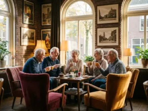 Vrolijke oudere vrienden lachen samen aan een cafétafel in Eindhoven, warme drankjes in hand, herfstlicht door grote ramen.