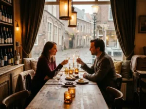 Stel geniet van een romantische wijnproeverij bij kaarslicht in een sfeervol café in het centrum van Eindhoven.