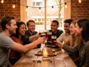 Vrienden die lachen en bier proosten aan een kaarsverlichte cafétafel in een gezellig Eindhovens café met bakstenen muren en sfeerlichten.