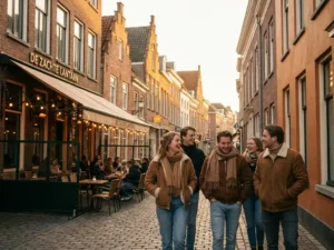 Vrienden lachend op een zonnige straat in Eindhoven bij een terras met sfeerlichten, kasseien en Hollandse architectuur op de achtergrond.