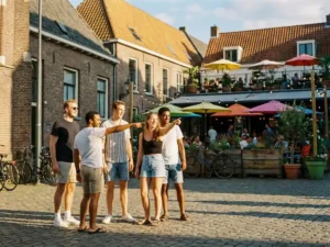Vrienden lachen op een zonnig plein in Eindhoven bij een terras met zomerdecoraties en warme middagzon.
