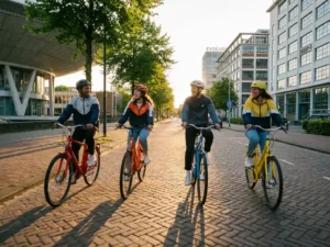 Lachende vrienden fietsen door een zonnige straat in Eindhoven langs moderne architectuur en rode bakstenen bestrating.