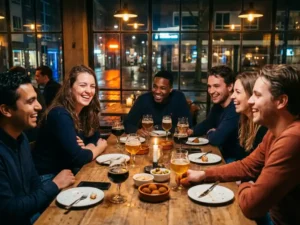 Vrienden lachen samen rond een kaarsenverlichtte bartafel in een gezellig Eindhovens café met craft bier en hapjes.