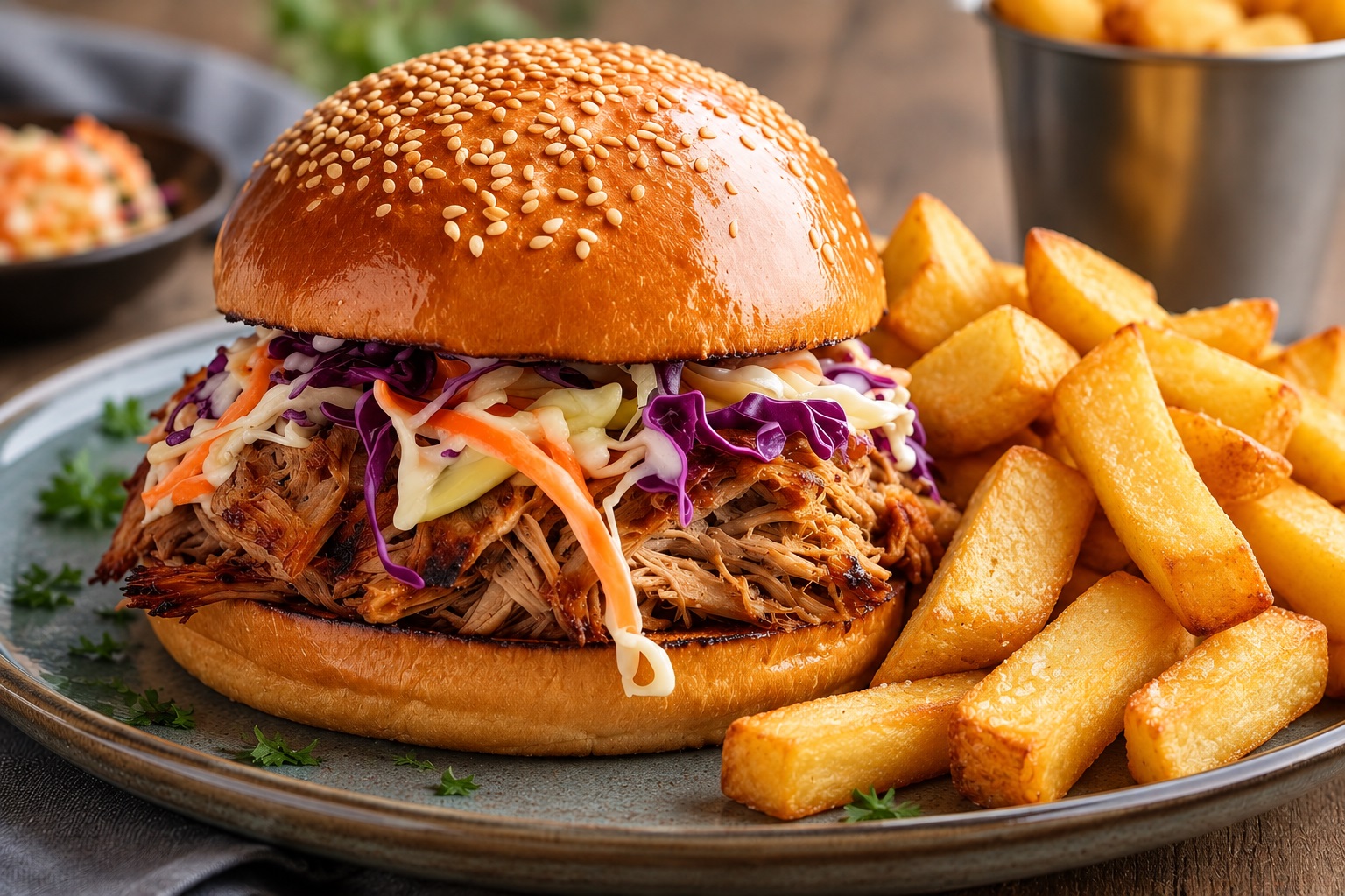 Frietjesbuffet met broodjes pulled chicken & bal